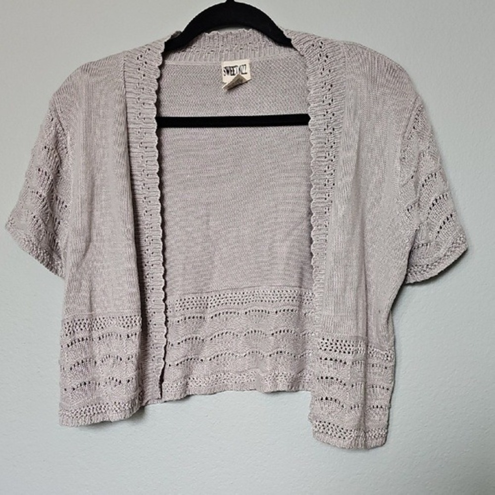 Sweet Kizz Pointelle Feminine Open Front Gray Short Sleeve Bolero Topper XL